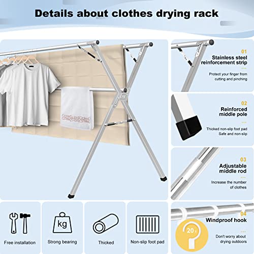 JAUREE 79 Inches Clothes Drying Rack, Stainless Steel Garment Rack  Adjustable and Foldable Space Saving Laundry Drying Rack for Indoor Outdoor  with 20